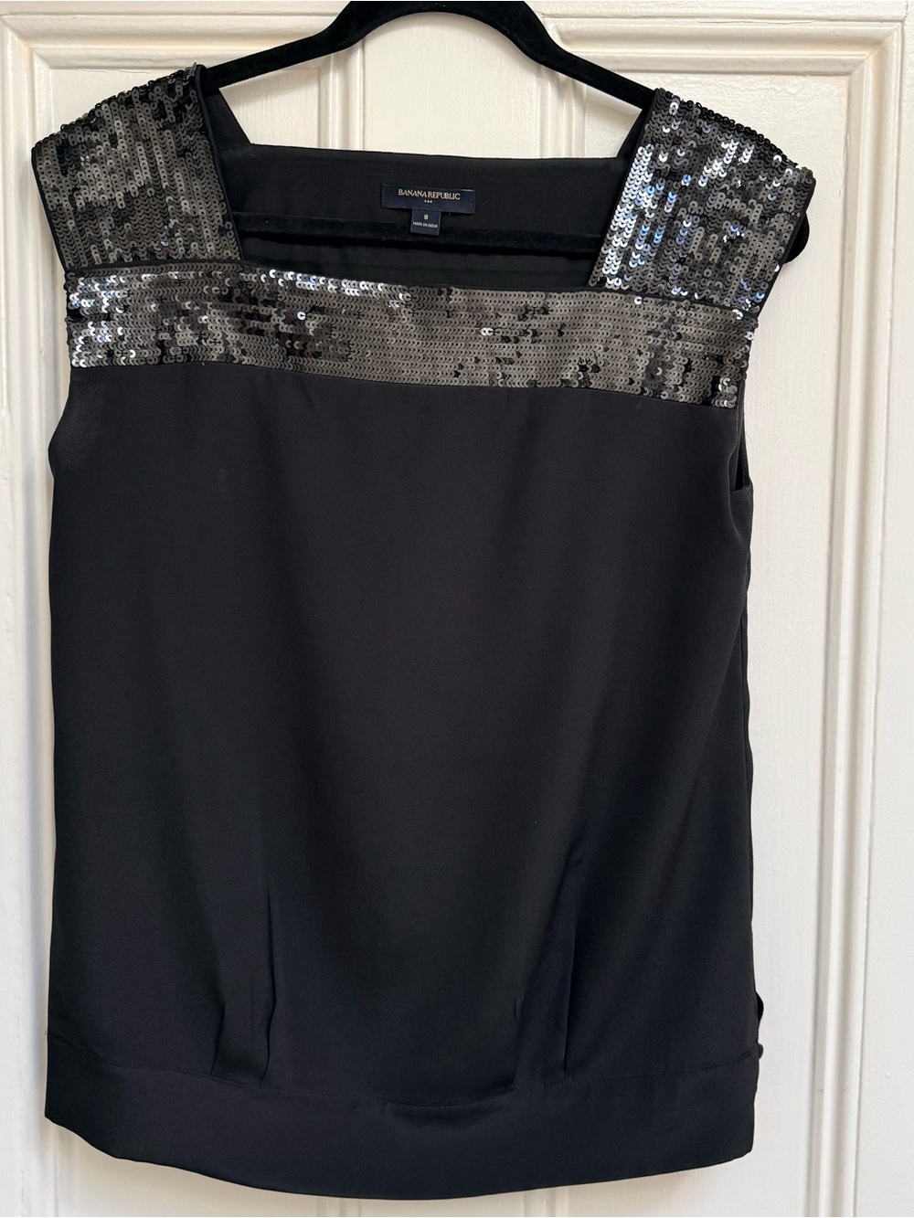Banana Republic Black Sleeveless Top with Sequin-Trim, Square neck, size 8